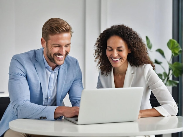 um homem e uma mulher estão olhando para uma tela de laptop