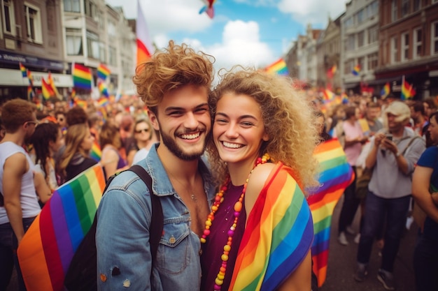 Um homem e uma mulher estão parados em frente a uma bandeira do arco-íris.