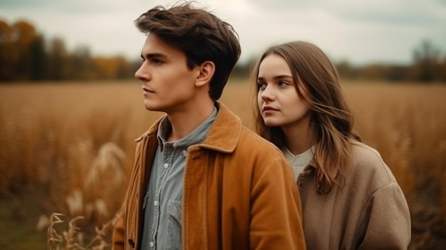 Um homem e uma mulher estão parados em um campo, o homem está vestindo uma jaqueta marrom.