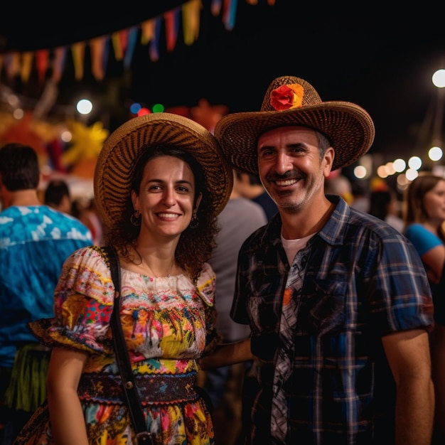 Foto um homem e uma mulher estão parados na frente de uma multidão usando chapéus de palha.