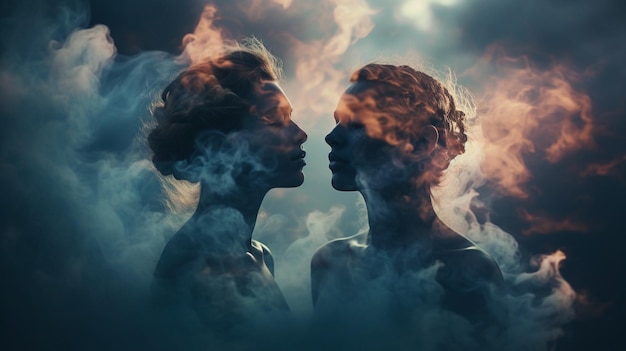 Um homem e uma mulher estão parados na fumaça com as palavras 'o amor está no meio'