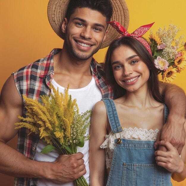 um homem e uma mulher estão posando com flores