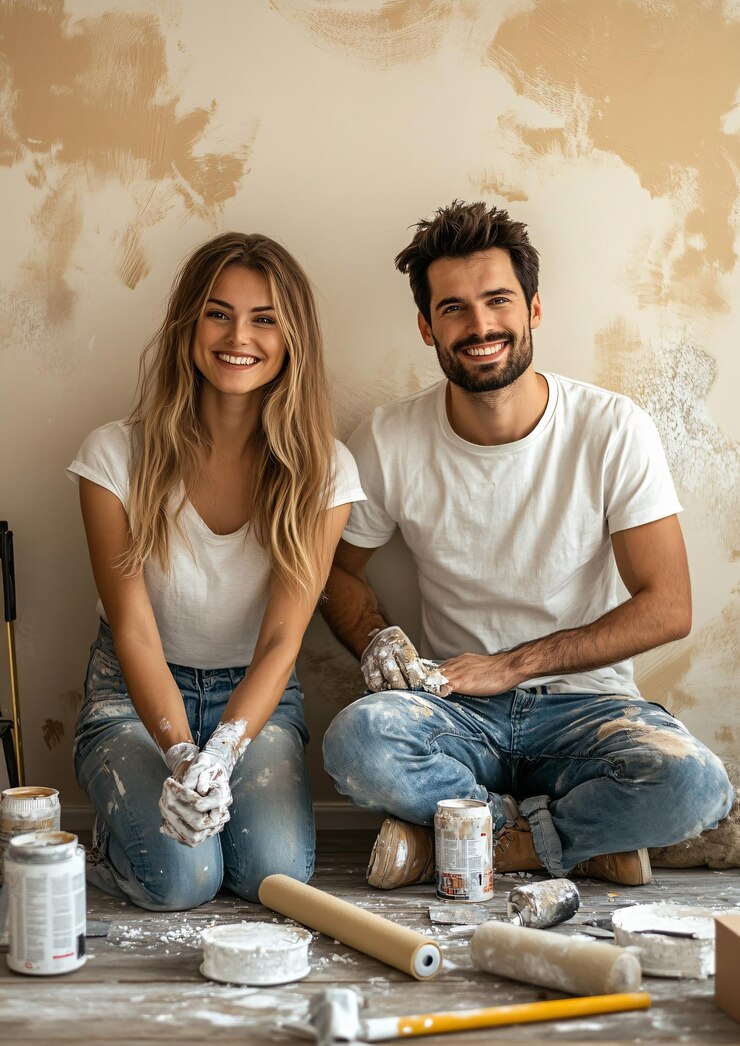 Um homem e uma mulher estão posando para uma foto em uma sala que está sendo pintada