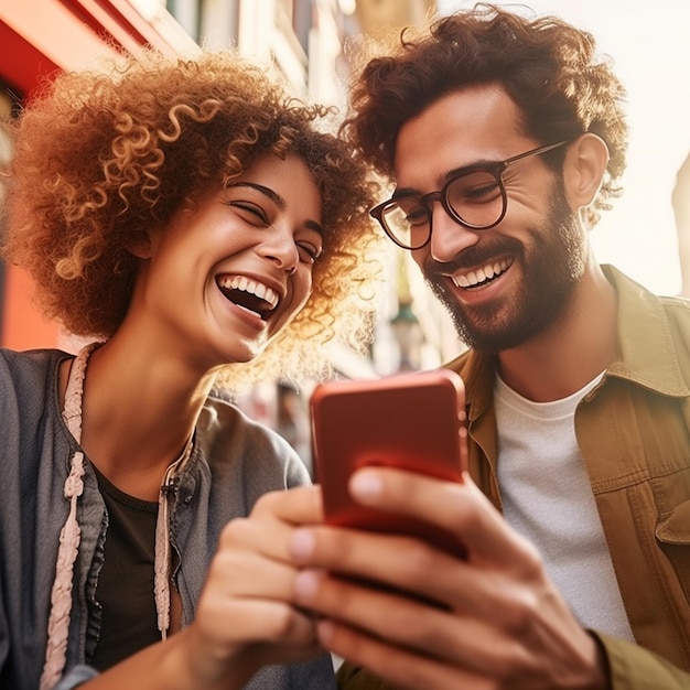 Foto um homem e uma mulher estão rindo e rindo e olhando para o telefone.