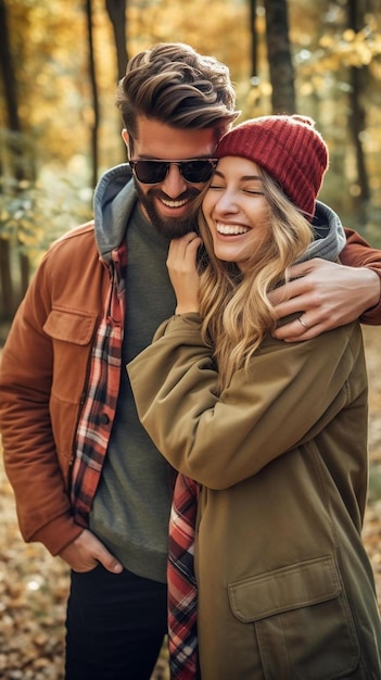 Um homem e uma mulher estão se abraçando no outono.