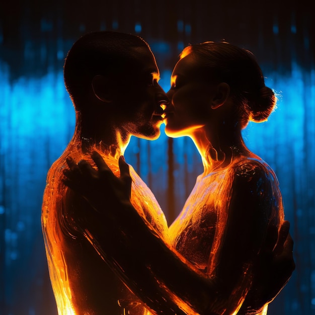 um homem e uma mulher estão se beijando na frente de uma luz brilhante