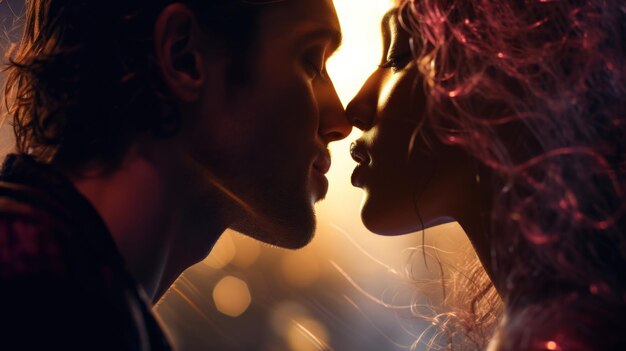 Foto um homem e uma mulher estão se beijando na frente de uma luz.