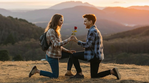 Foto um homem e uma mulher estão segurando uma rosa e uma mulher está segurando