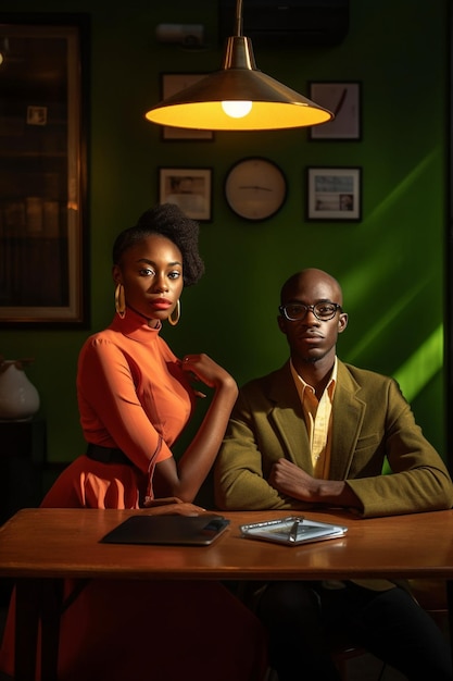 Um homem e uma mulher estão sentados à mesa em uma sala verde com uma parede verde atrás deles.