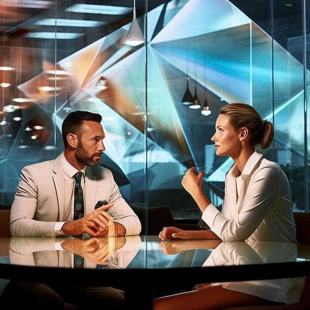 Foto um homem e uma mulher estão sentados a uma mesa em frente a uma parede de vidro.