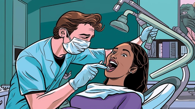 Um homem e uma mulher estão sentados em uma cadeira odontológica e um deles está usando uma máscara