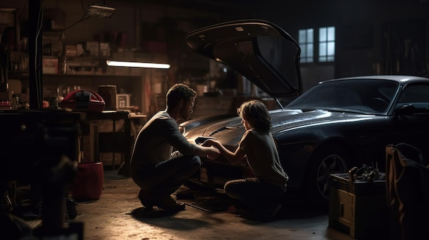 Um homem e uma mulher estão sentados em uma garagem, um deles olhando para o capô de um carro esporte.