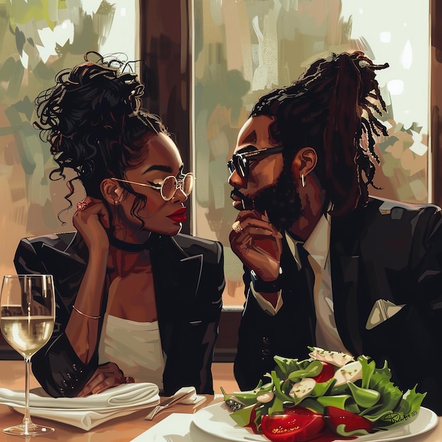 um homem e uma mulher estão sentados em uma mesa com comida e um copo de vinho