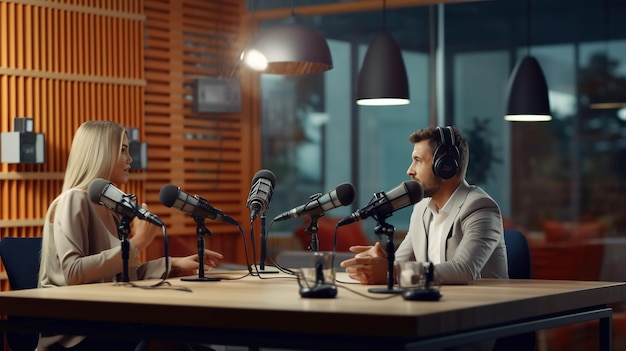 Um homem e uma mulher estão sentados em uma mesa com microfones e um microfone.