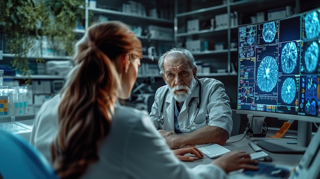 Um homem e uma mulher estão sentados em uma mesa com um monitor de computador na frente deles