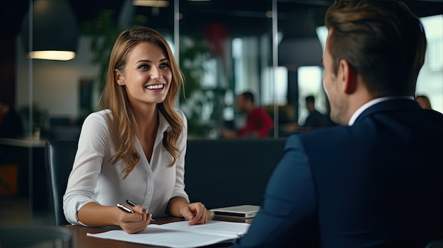 Um homem e uma mulher estão sentados em uma mesa em um ambiente profissional envolvidos em uma conversa