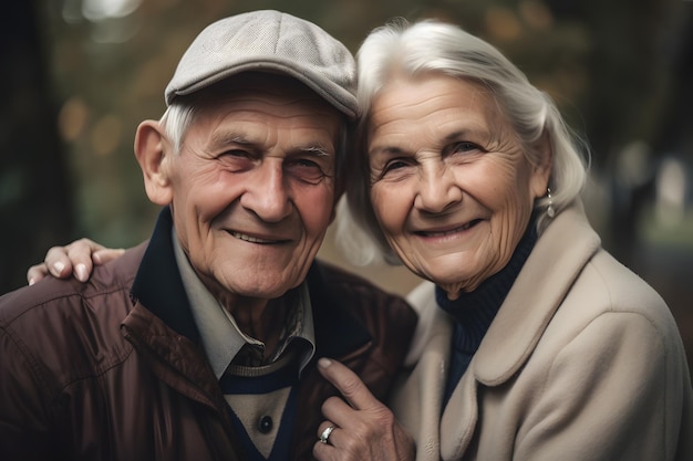 Um homem e uma mulher estão sorrindo e a mulher está usando um chapéu.