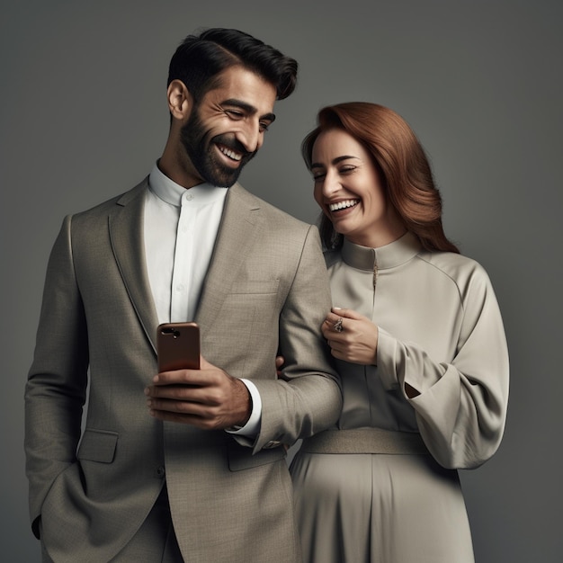Um homem e uma mulher estão sorrindo e olhando para um telefone.