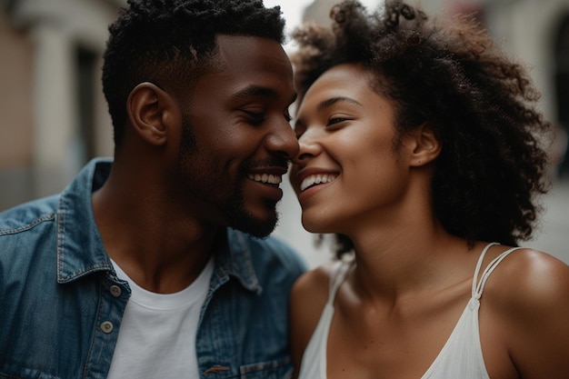 Um homem e uma mulher estão sorrindo e um está vestindo uma camisa branca