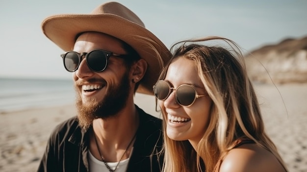 Um homem e uma mulher estão sorrindo e usando óculos escuros.