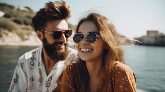 Um homem e uma mulher estão sorrindo e usando óculos escuros.