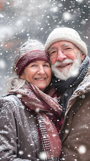 Um homem e uma mulher estão sorrindo na neve.