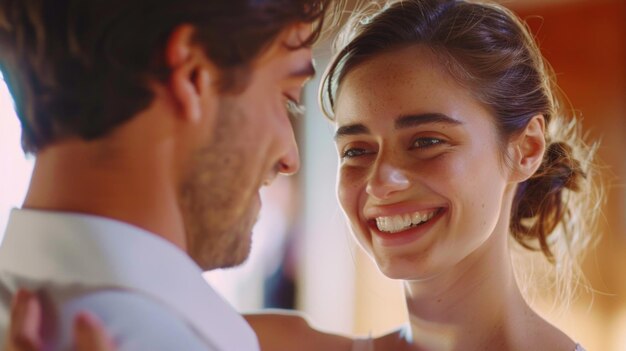 Um homem e uma mulher estão sorrindo um para o outro o homem está vestindo uma camisa branca e a mulher está vestindo um vestido branco eles estão ambos felizes e desfrutando da companhia um do outro