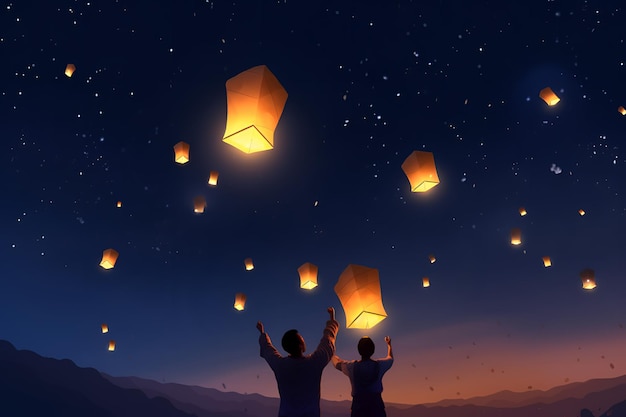 Um homem e uma mulher estão voando lanternas no céu noturno.