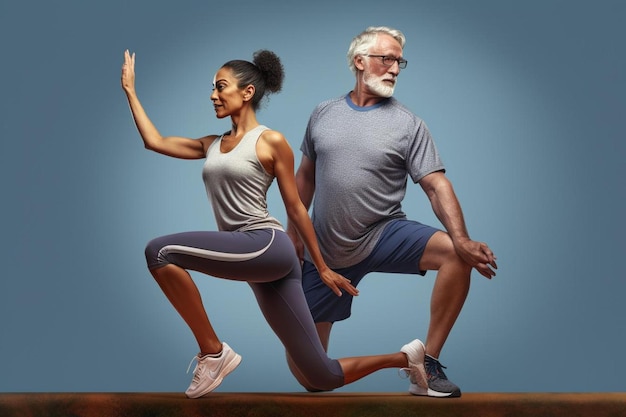 um homem e uma mulher fazendo exercícios de ioga com fundo azul.