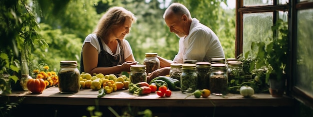 um homem e uma mulher fecham a conserva de vegetais para o invernoAIGenerative AI