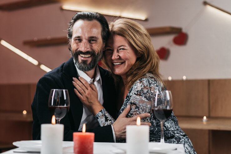 Um homem e uma mulher felizes estão sentando-se e estão abraçando-se em um restaurante.