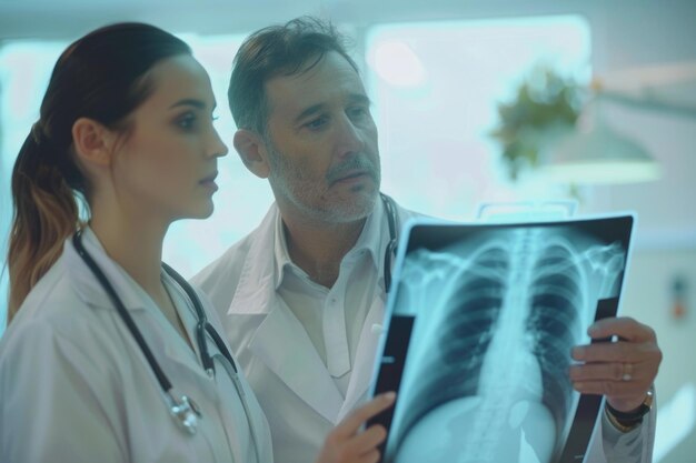 Foto um homem e uma mulher identificados como médicos estudando de perto uma imagem de raios-x exibida em uma tela em um consultório médico