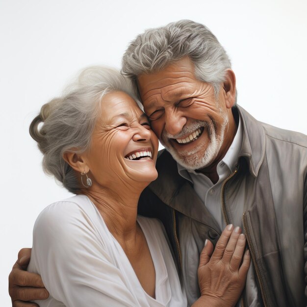 Foto um homem e uma mulher mais velhos a sorrir e a segurar-se um ao outro