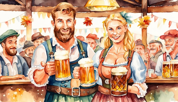 um homem e uma mulher na festa trazem copos de cerveja na festa de outubro com ilustração em aquarela