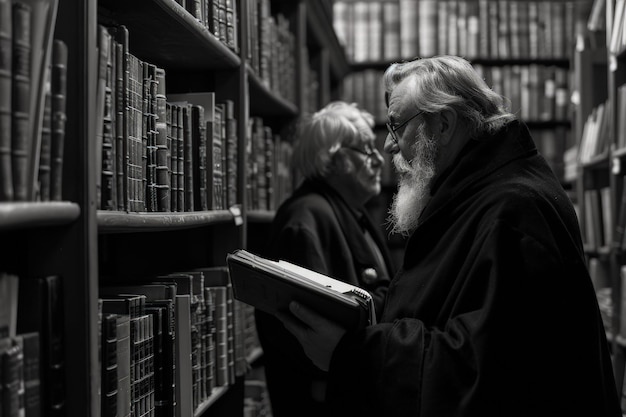 Um homem e uma mulher olhando para livros em uma biblioteca