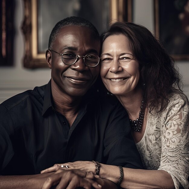 um homem e uma mulher posam para uma foto com um retrato deles