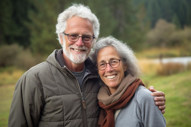 Um homem e uma mulher posam para uma foto em frente a uma floresta.