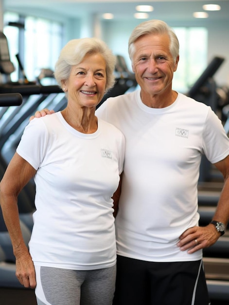 um homem e uma mulher posando em uma academia com as palavras "jog" na camisa.