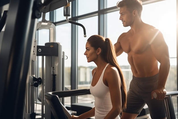 Um homem e uma mulher praticam esportes na academia com um personal trainer