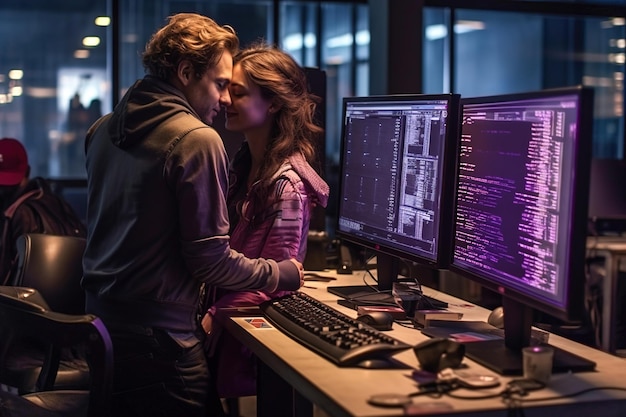 Um homem e uma mulher programadores se beijando na frente de um computador no escritório um casal apaixonado mostrando amor o