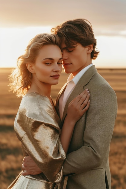 Um homem e uma mulher se abraçam em um campo, a mulher usa um vestido dourado.