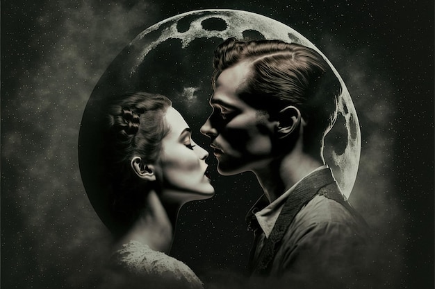 Um homem e uma mulher se beijam na frente de uma lua cheia com nuvens ao fundo e uma imagem em preto e branco Generative AI