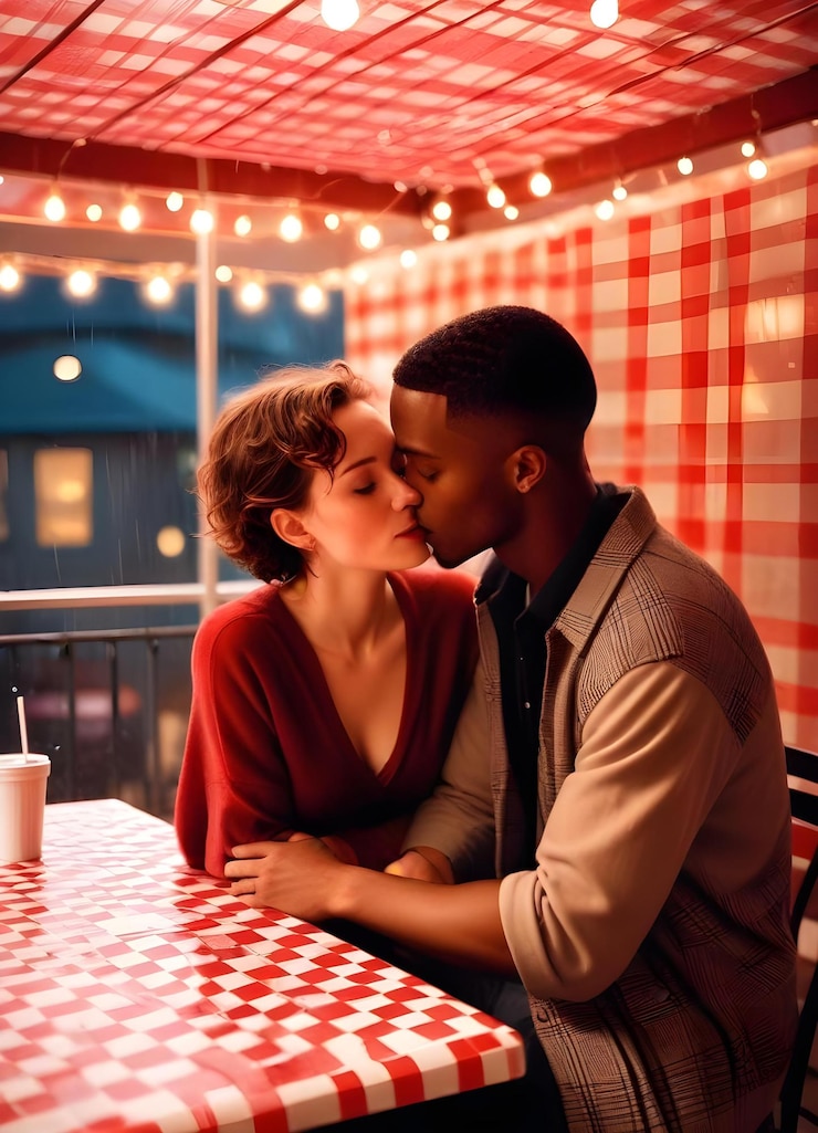 Foto um homem e uma mulher se beijando em uma mesa com uma bebida e uma toalha de mesa a quadros vermelha e branca