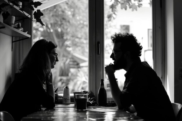 Foto um homem e uma mulher sentados à mesa ia generativa