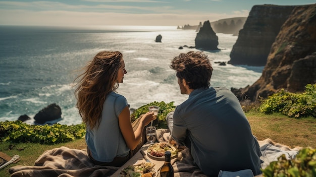 Um homem e uma mulher sentados em um penhasco olhando para o oceano tranquilo abaixo