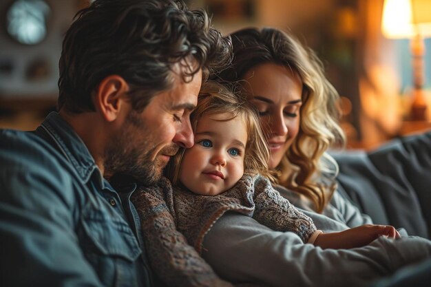 Foto um homem e uma mulher sentados em um sofá com uma menina