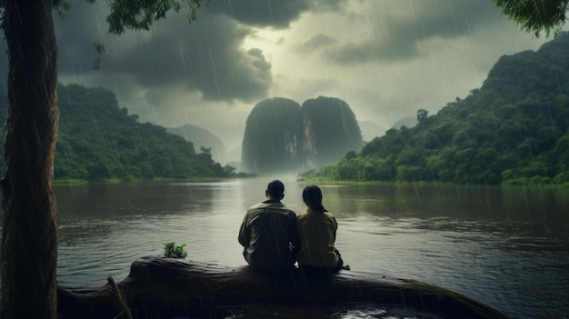 um homem e uma mulher sentados em um tronco em frente a uma cachoeira.