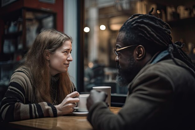 Um homem e uma mulher sentados em uma mesa bebendo café Generative Ai