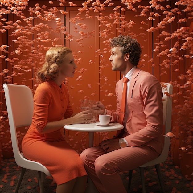 Foto um homem e uma mulher sentados em uma mesa com um fundo vermelho de moedas