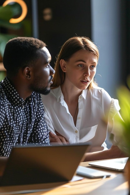 Foto um homem e uma mulher sentados em uma mesa olhando para um laptop